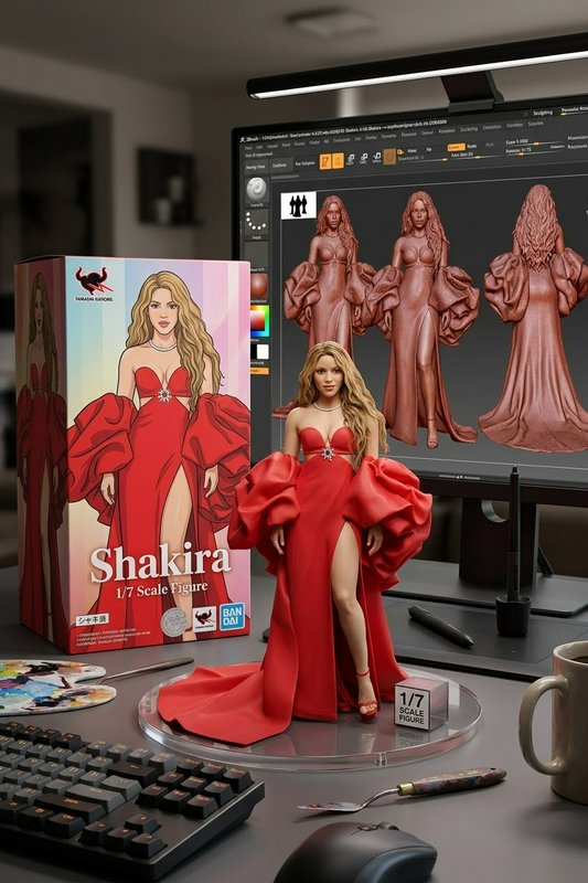 1/7 scale Shakira collectible figure displayed on a 3D artist's work desk alongside its product p...
