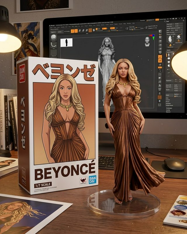 1/7 scale Beyonce collectible figure displayed next to its product packaging on a 3D artist work desk
