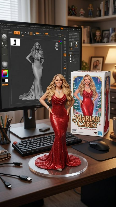 Mariah Carey collectible figure sits on a 3D artist desk next to its product box and design monitor