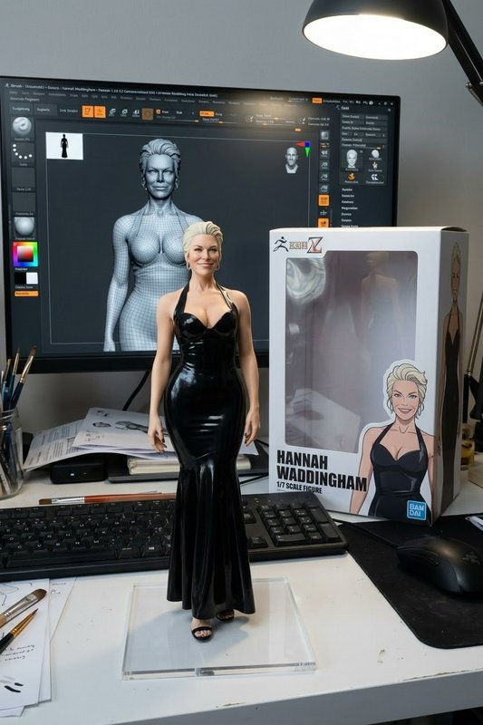 Finished Hannah Waddingham 1/7 scale figure displayed on a 3D artist desk next to its box and scu...