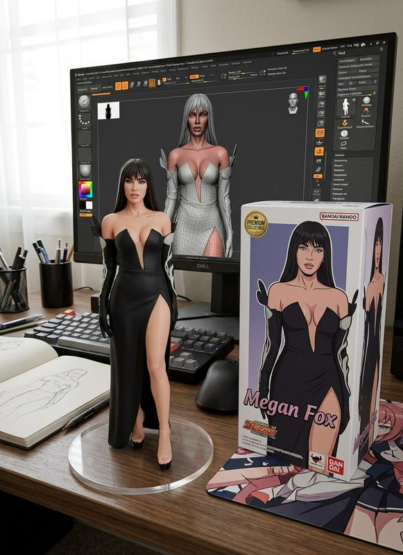 Custom Megan Fox collectible figure displayed on a 3D artist desk next to its product box and design monitor
