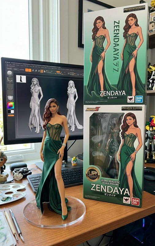 Hyperrealistic Zendaya collectible figure sits next to its product box on a 3D artist's wooden wo...