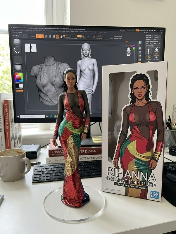Custom Rihanna 1/7 scale collectible figure displayed on a 3D artist work desk next to its produc...