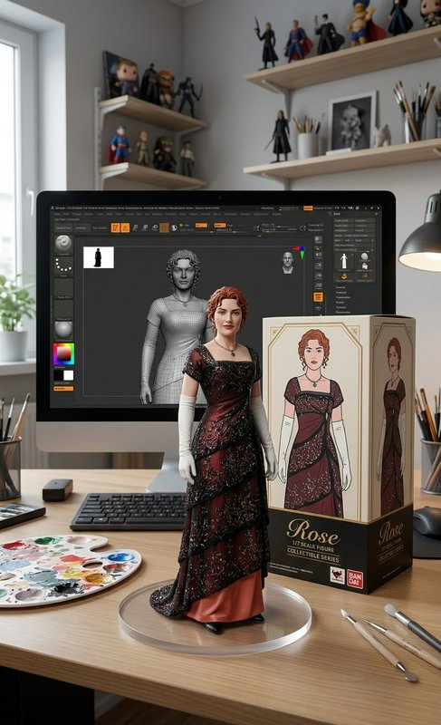 Titanic Rose collectible scale figure displayed on a 3D artist's work desk next to its product box