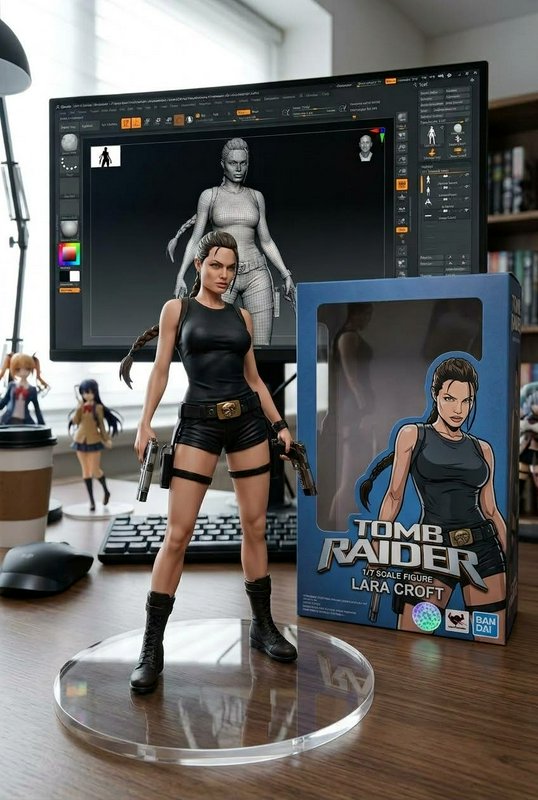 Detailed Lara Croft Tomb Raider collectible figure sits on an artist desk next to its box and 3D ...