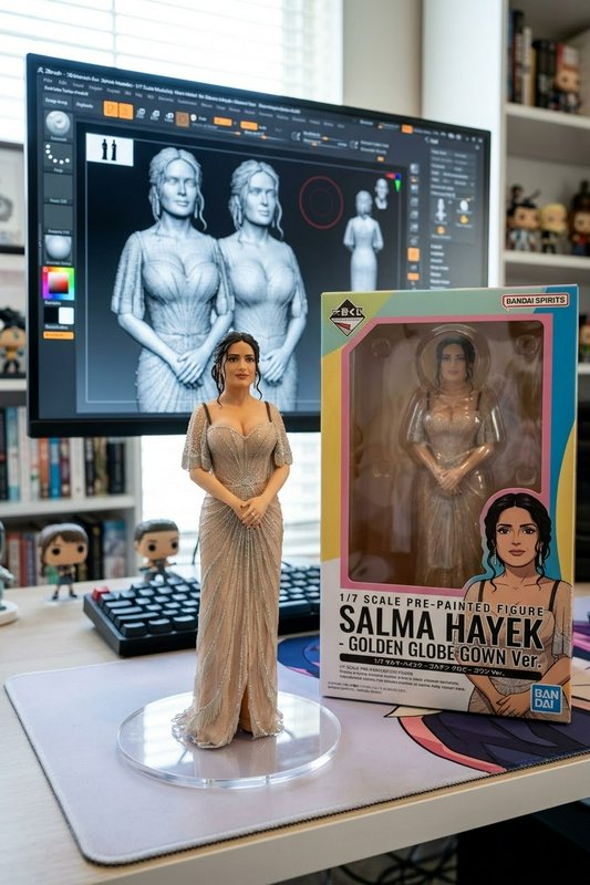 Finished Salma Hayek collectible figure sits next to its box, with its 3D sculpt visible on a des...
