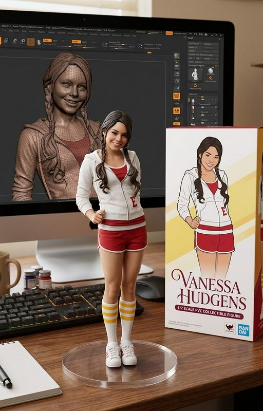 Vanessa Hudgens collectible figurine displayed next to its product box and 3D sculpt on a work desk