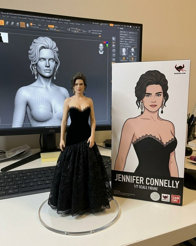 1/7 scale Jennifer Connelly collectible figure displayed next to its product box and 3D model on ...