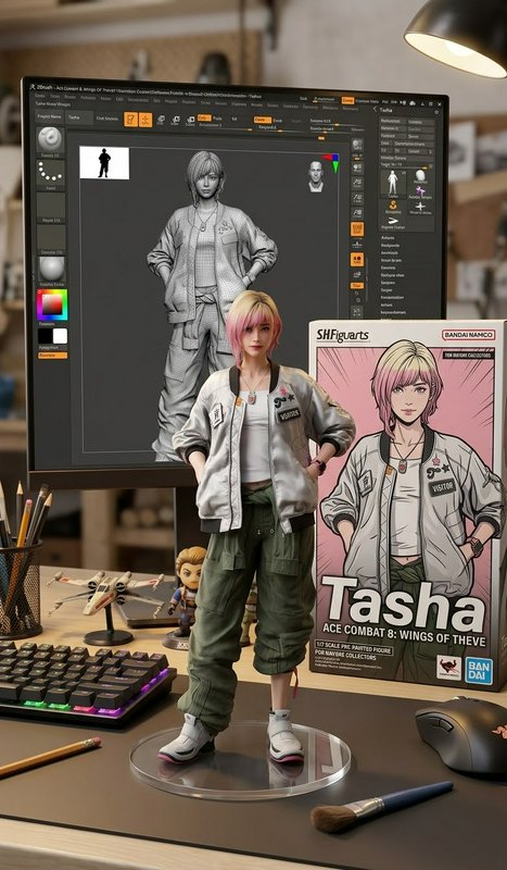 Painted custom anime action figure stands on a creator desk beside its ZBrush sculpt and product packaging