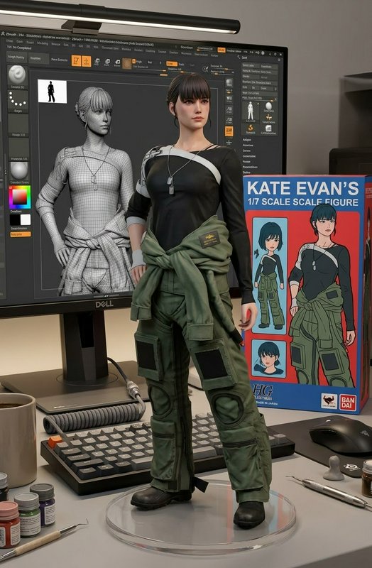 Realistic 1/7 scale character collectible figure displayed on a 3D artist work desk
