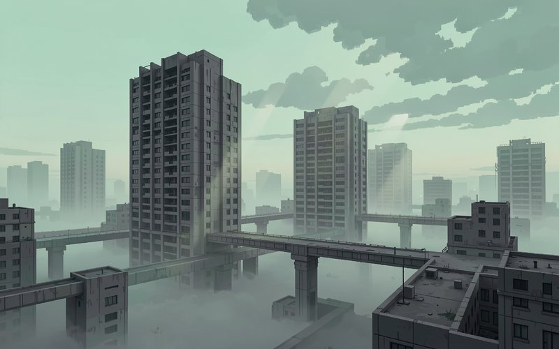 Fog-shrouded brutalist high-rise towers connected by elevated walkways above thick low city fog