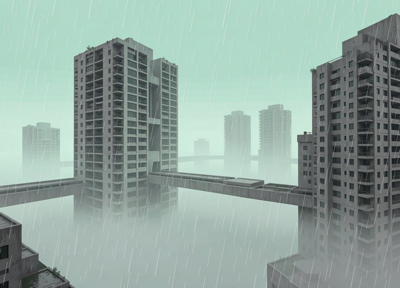Surreal flooded brutalist high rise buildings connected by skybridges during heavy misty rain