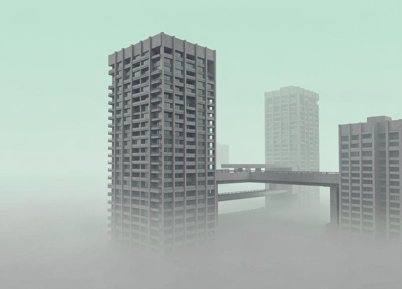 Brutalist concrete high-rise towers connected by skybridges emerge from thick pale green fog