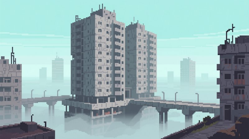 Pixel art flooded city with weathered brutalist apartment blocks rising above misty overcast floodwater