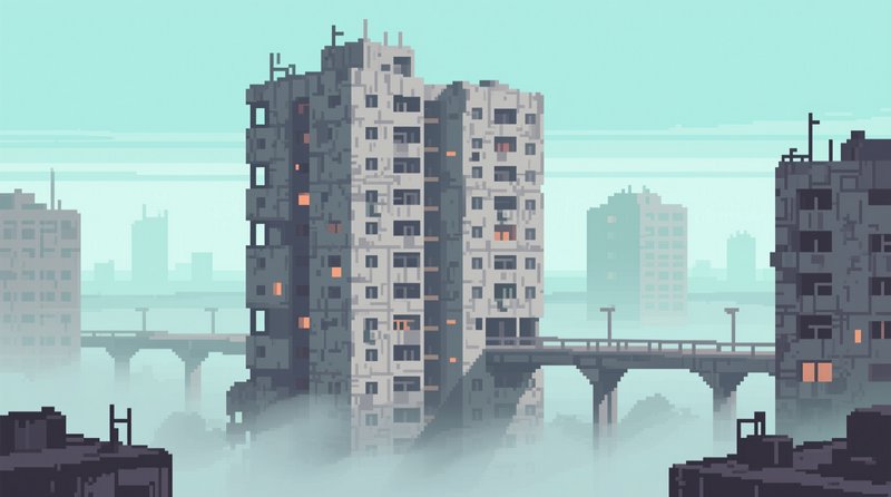 Pixel art brutalist high-rise buildings emerge from thick fog over a flooded city with a concrete bridge