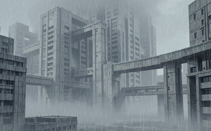 Sprawling brutalist concrete city complex linked by skybridges under heavy falling rain and fog