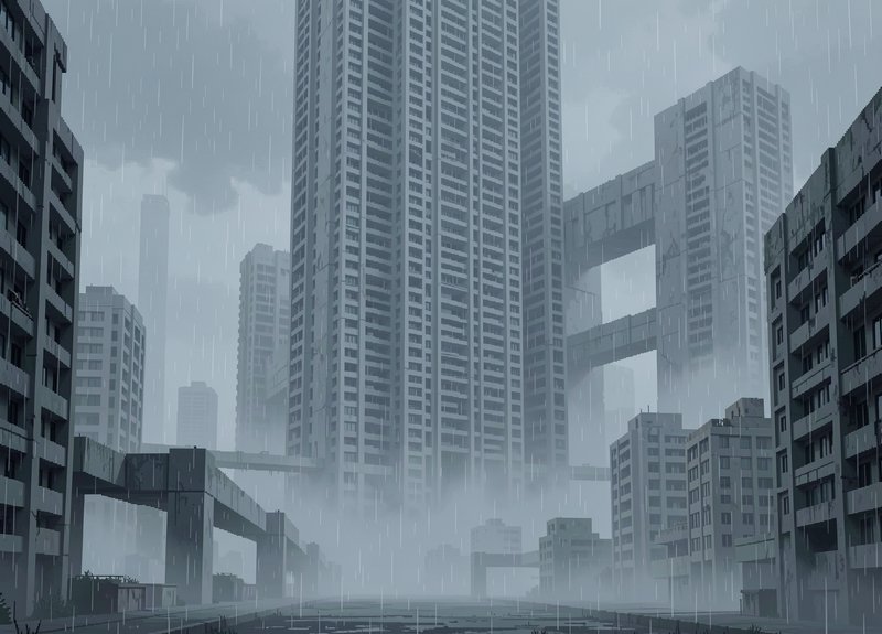Foggy rainy abandoned cityscape of weathered concrete skyscrapers connected by elevated sky bridges