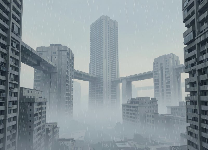 Connected brutalist high-rise towers stand in heavy rain and thick urban fog