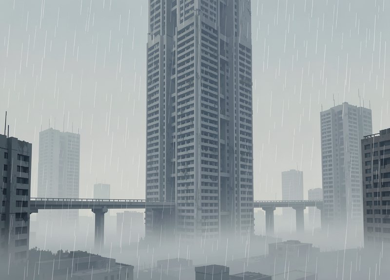 Heavy rain falls over a fog-shrouded dystopian city with a central skyscraper and elevated concre...