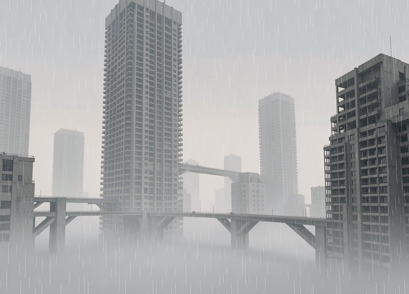 Fog-shrouded rainy city of brutalist concrete skyscrapers connected by elevated concrete overpasses