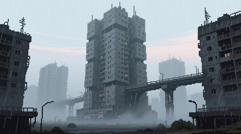 Misty rainy pixel art city of brutalist high rise apartment towers linked by elevated overpasses ...
