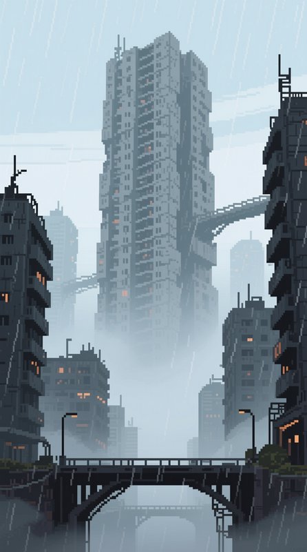 Foggy rainy pixel art dystopian city with towering brutalist skyscrapers over a canal bridge