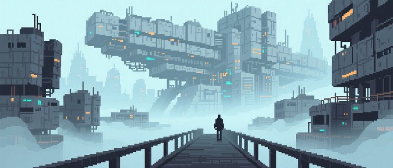 Lone silhouetted figure on an elevated walkway overlooking a foggy pixel art floating cyberpunk city