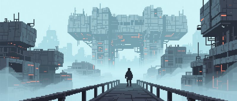 Silhouetted figure stands on a bridge overlooking a foggy pixel art cyberpunk megacity