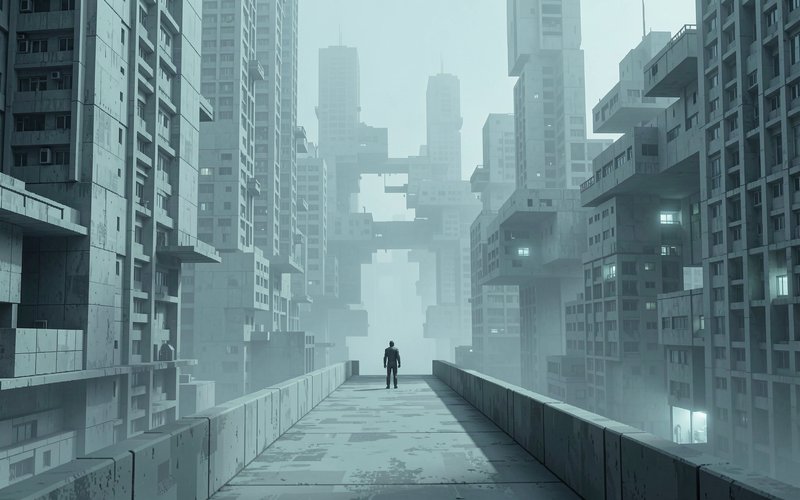 Lone silhouetted person stands on a concrete walkway overlooking a foggy brutalist dystopian megacity