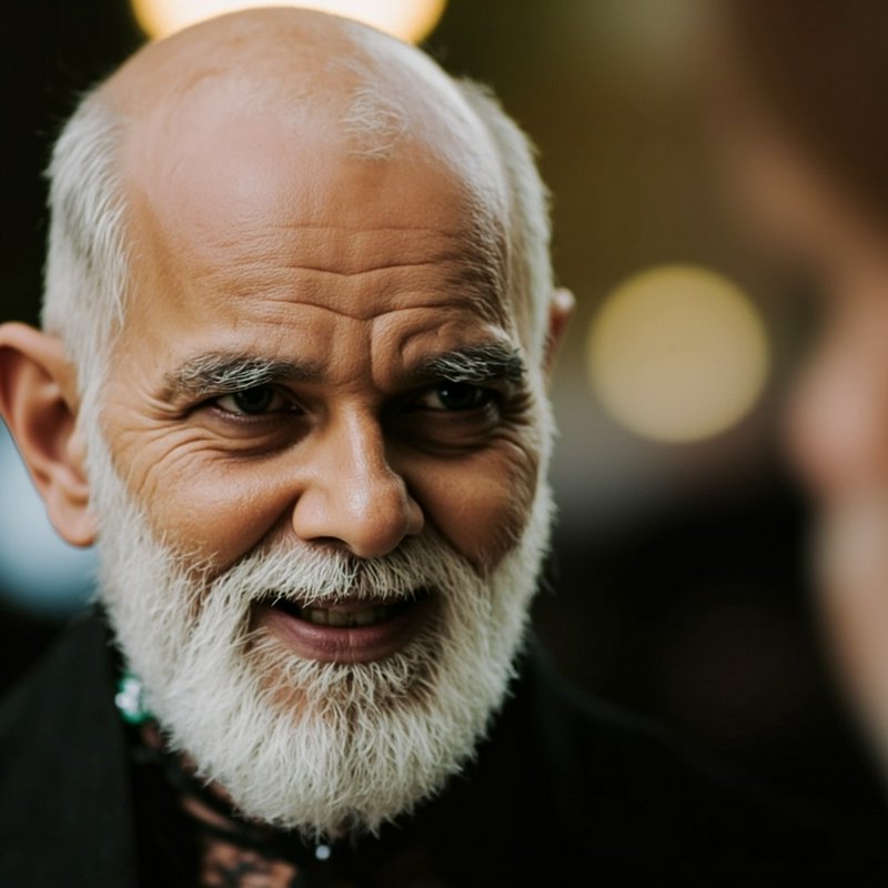 Close-up portrait of a smiling older South Asian man with a full white beard, against a warm blur...