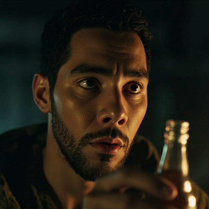 Close-up portrait of a wide-eyed bearded man with a surprised expression, lit by warm dramatic low light, with a
