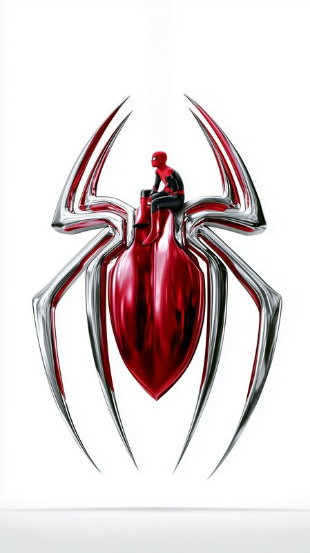 Spider-Man in red and black suit sits perched on a large glossy metallic red and silver spider emblem against a plain
