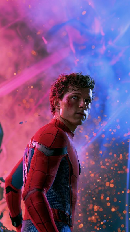 Battle-worn Tom Holland as Spider-Man stands before swirling pink and blue cosmic haze dotted wit...