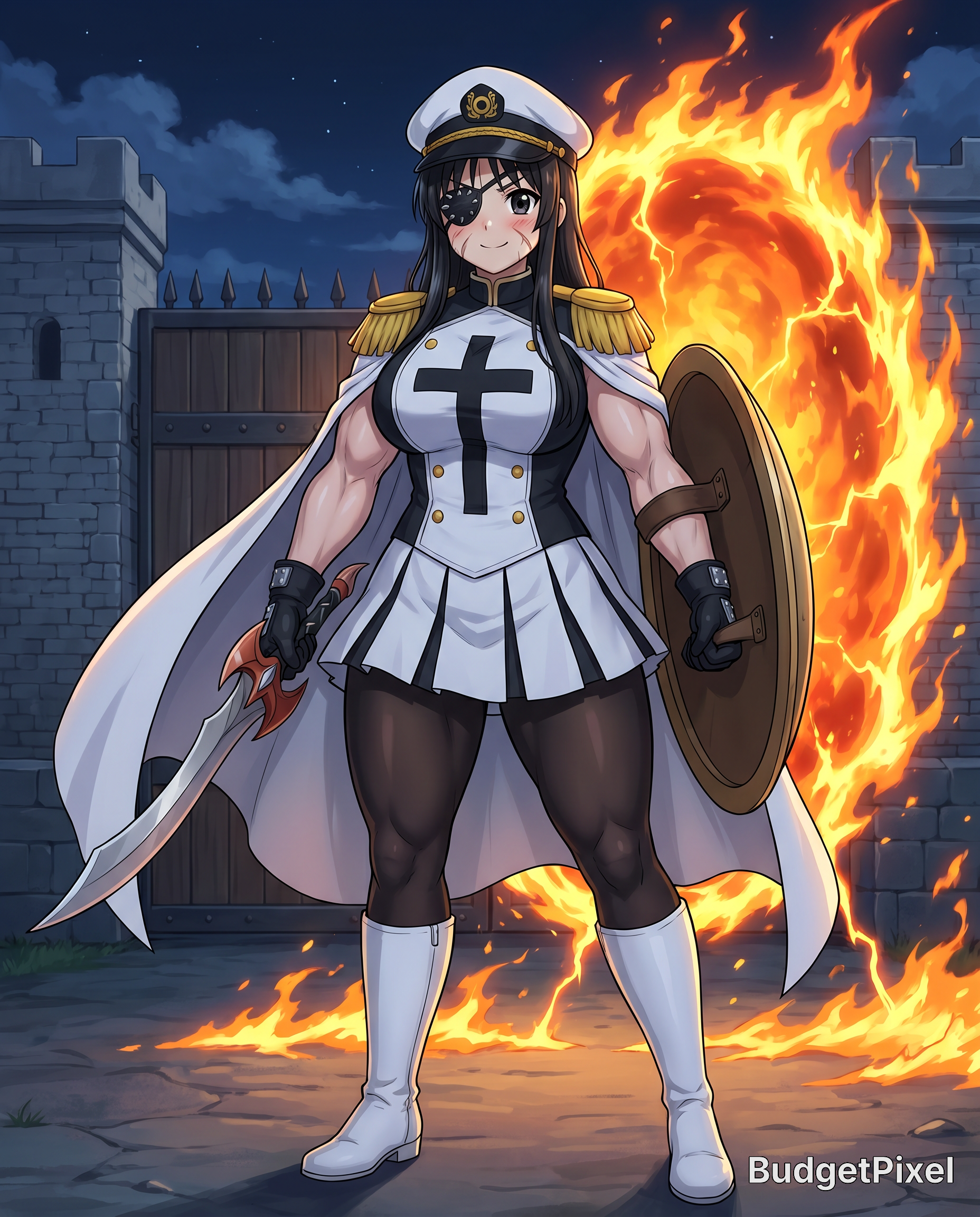 Anime-style female knight in white uniform with cross emblem, sword and shield, flames rising behind her.