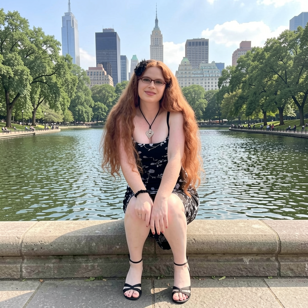 Woman with long red hair in a black floral dress sits by a park lake with NYC skyline background