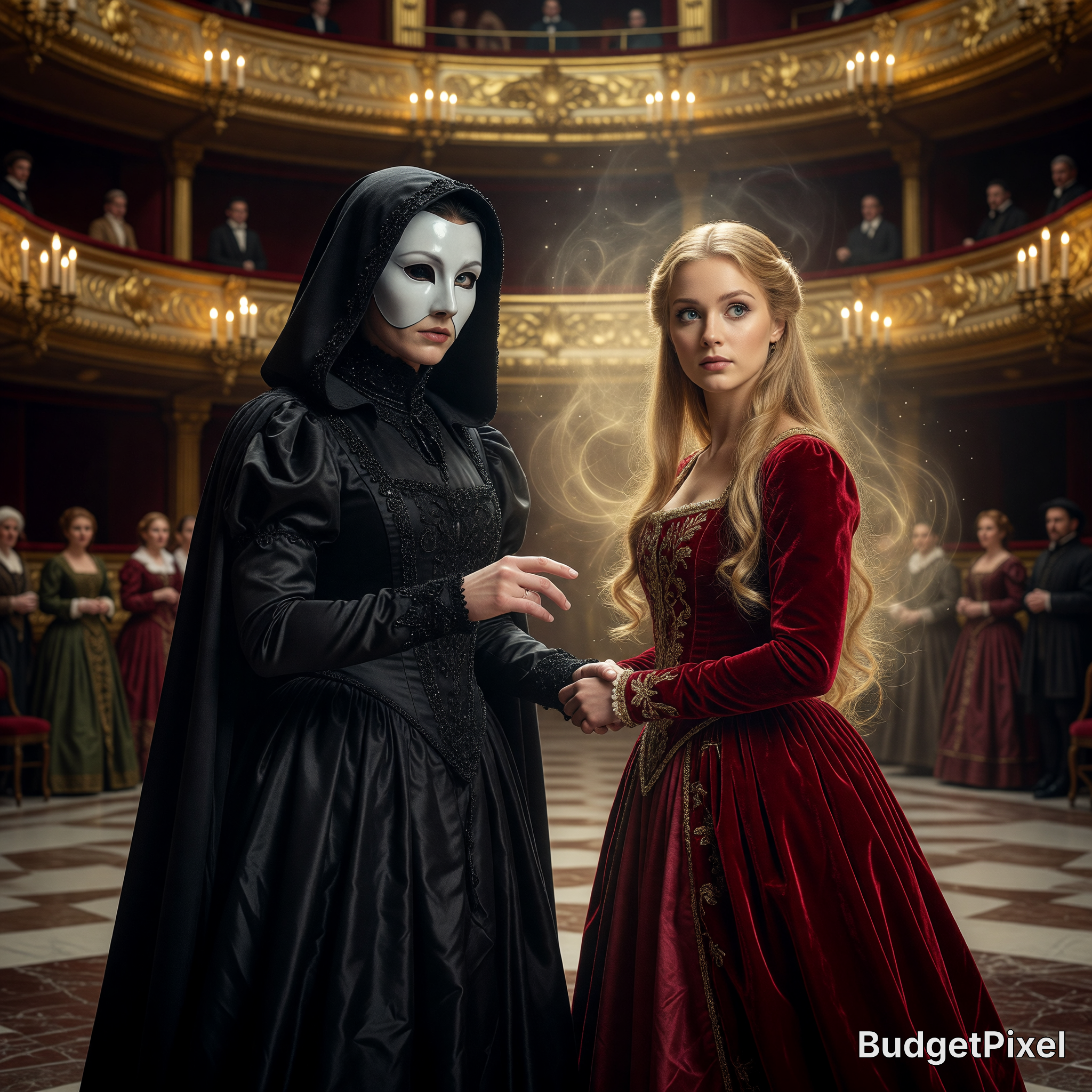 Masked figure in black cloak with a white mask beside a red-dressed woman in an opulent opera hall.