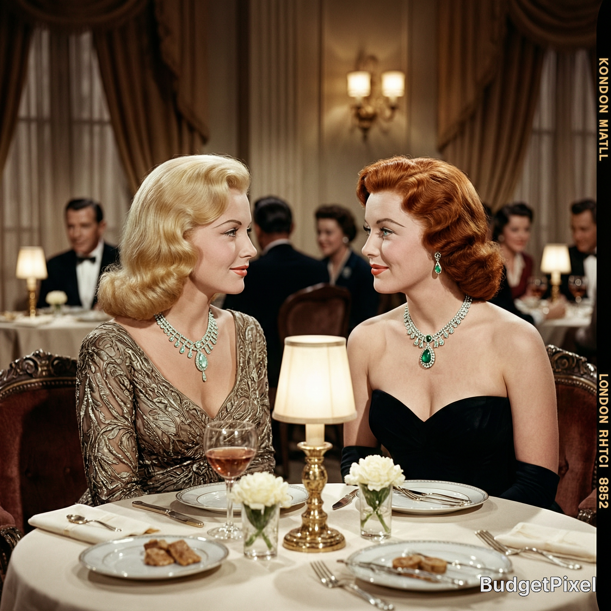 Two glamorous women in vintage 1950s attire share a chat at a formal dinner table.