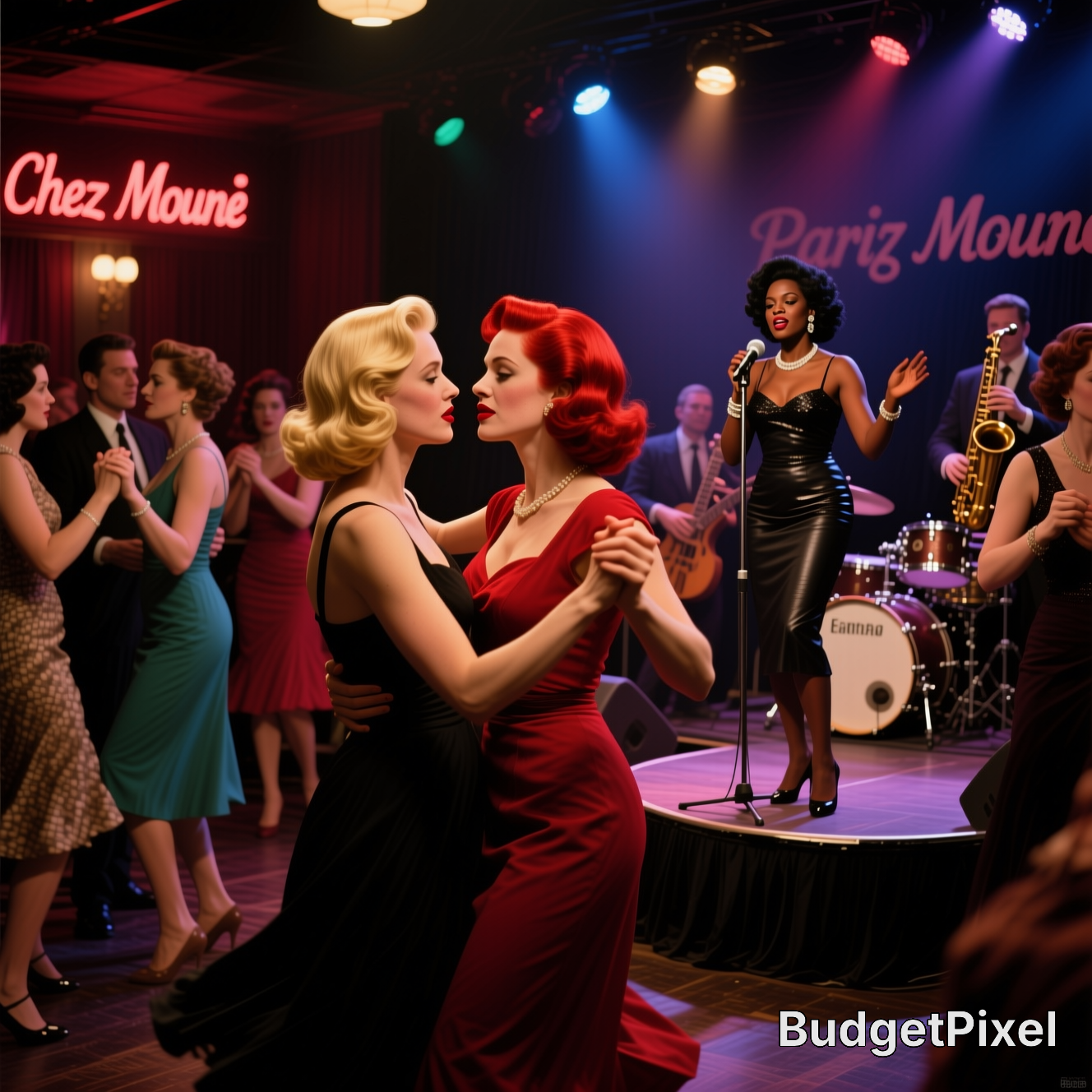 Vintage 1940s-style ballroom with couples dancing as a singer performs on stage.
