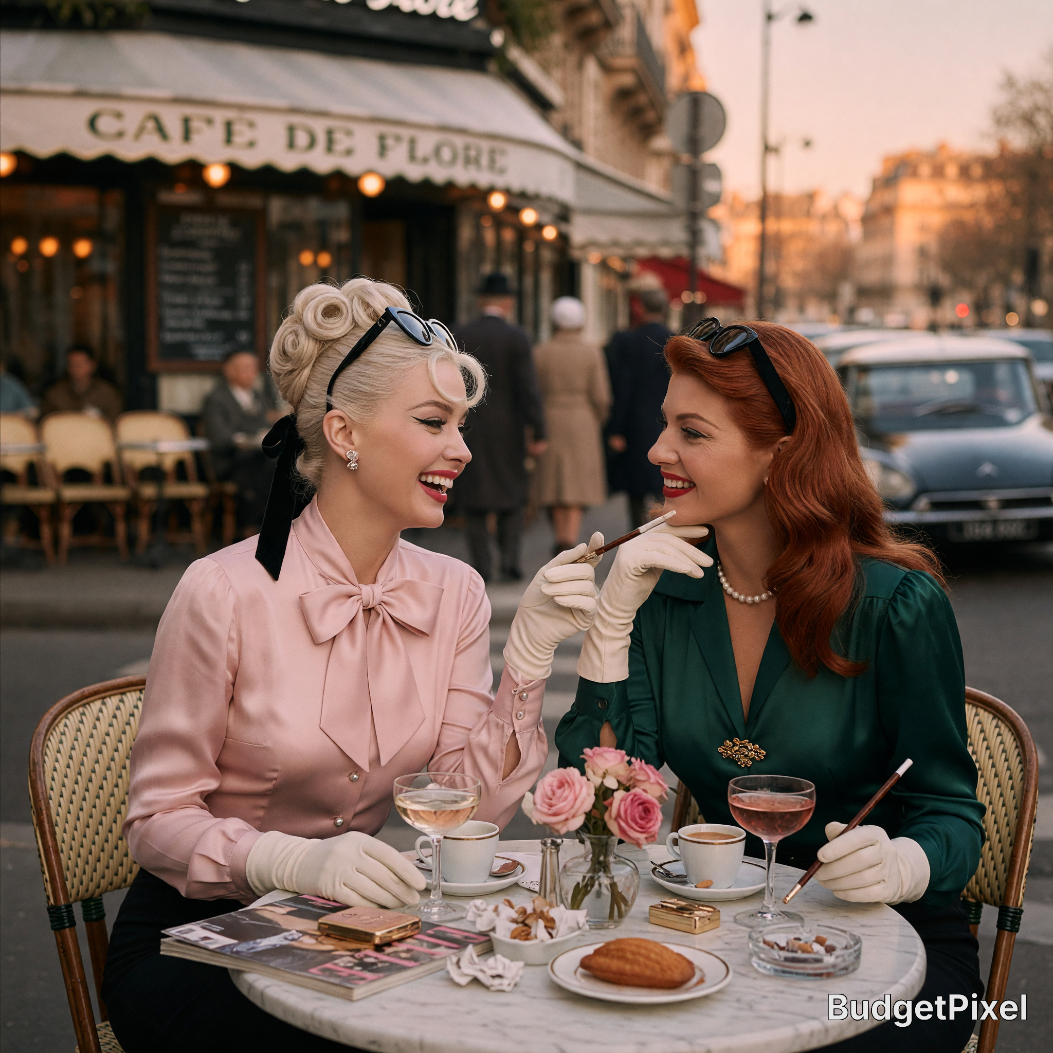 Two glamorous 1950s-style women laugh together at an outdoor marble table at Paris’s iconic Cafe de Flore at golden hour.