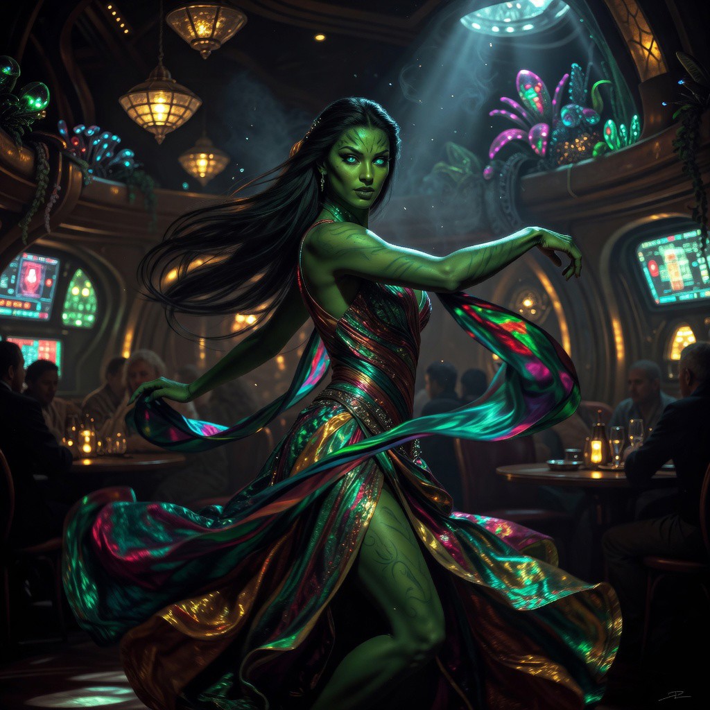 Green-skinned alien woman dances in a shimmering iridescent gown inside a lavish futuristic fantasy casino lounge.