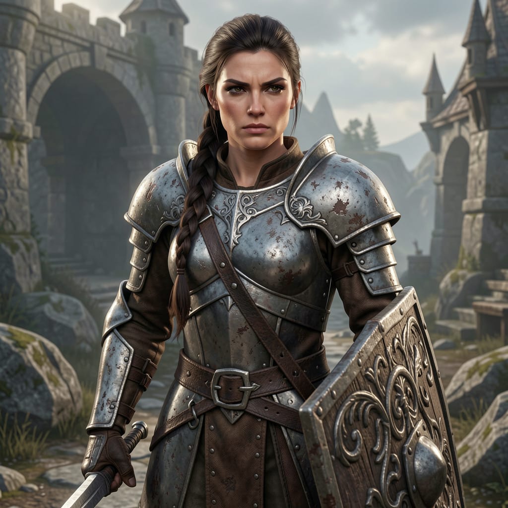 [Stoic female fantasy knight in weathered steel armor holds a sword and shield, standing before a misty medieval stone cas...