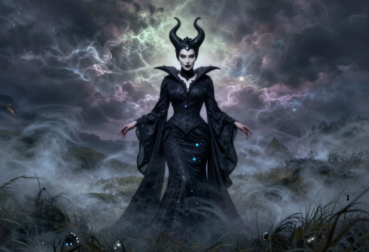 Maleficent with horned headdress stands in a misty moor beneath a stormy sky wreathed in glowing magical energy