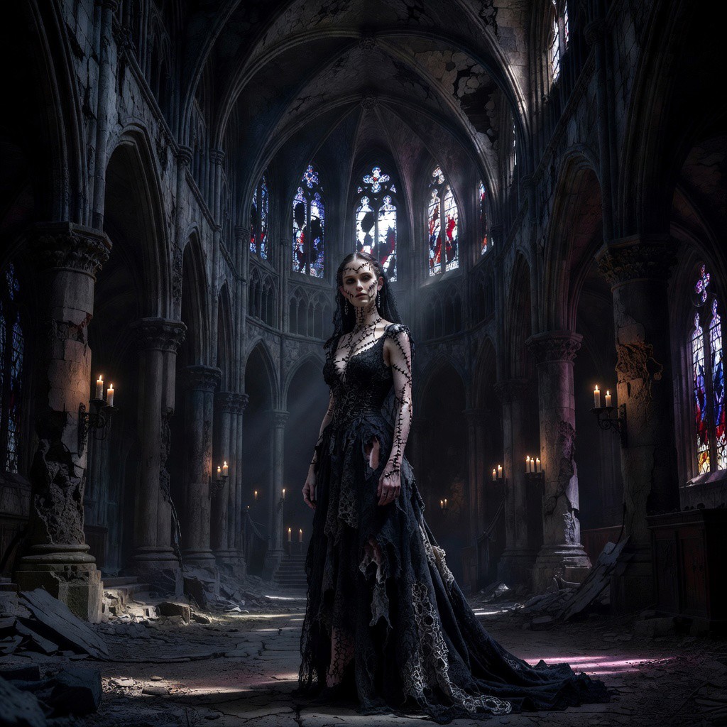 [Stitched gothic undead woman in a tattered black lace gown stands in a crumbling ruined cathedral with stained glass wind...