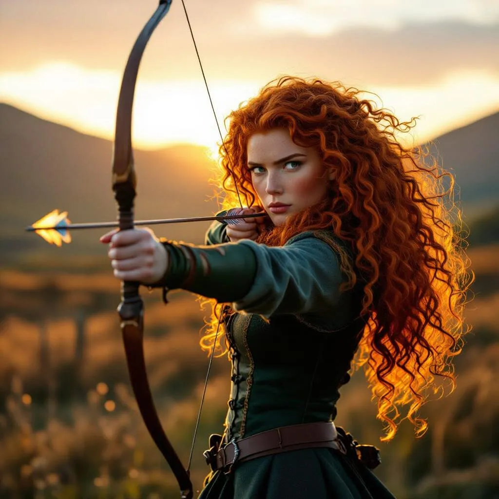 Curly red-haired female archer aims a drawn bow while standing in a sunlit highland meadow at golden sunset.