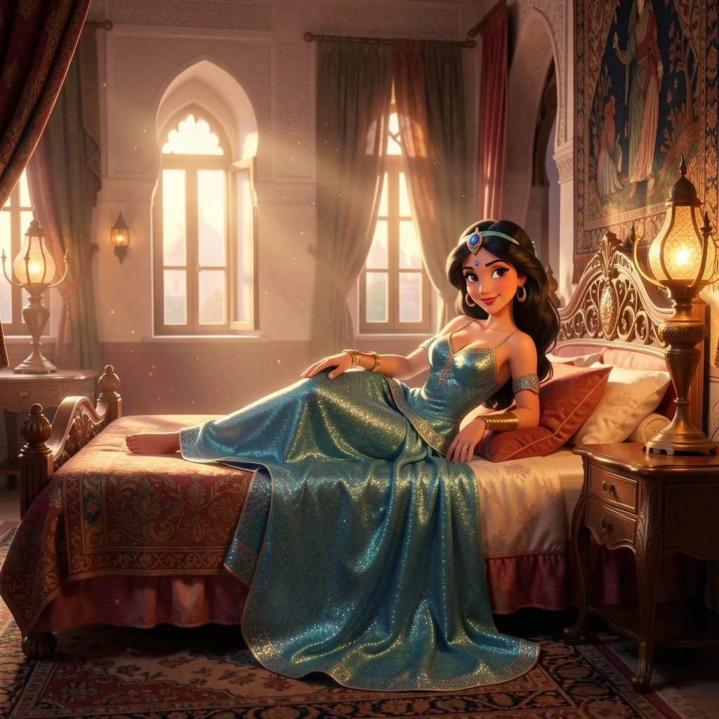 Princess Jasmine reclining on an ornate bed in a sunlit lavish Arabian palace bedroom, warm golden hour lighting