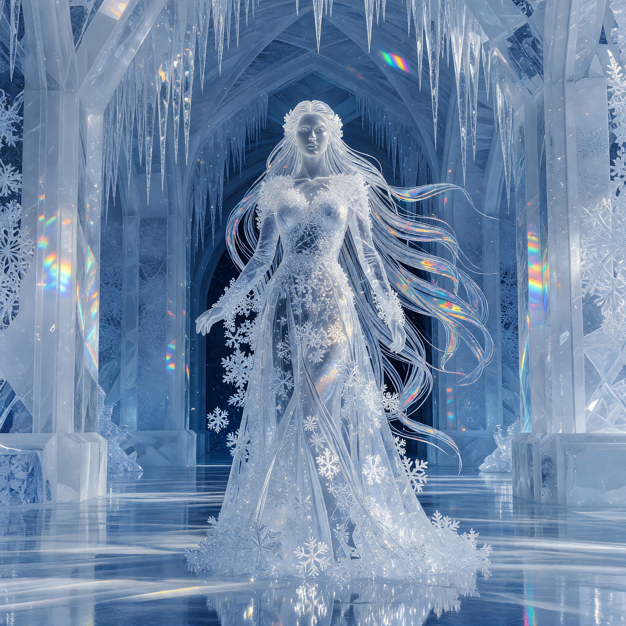 [Ethereal ice queen in a translucent snowflake gown stands inside a glittering frozen ice castle hall lined with hanging i...