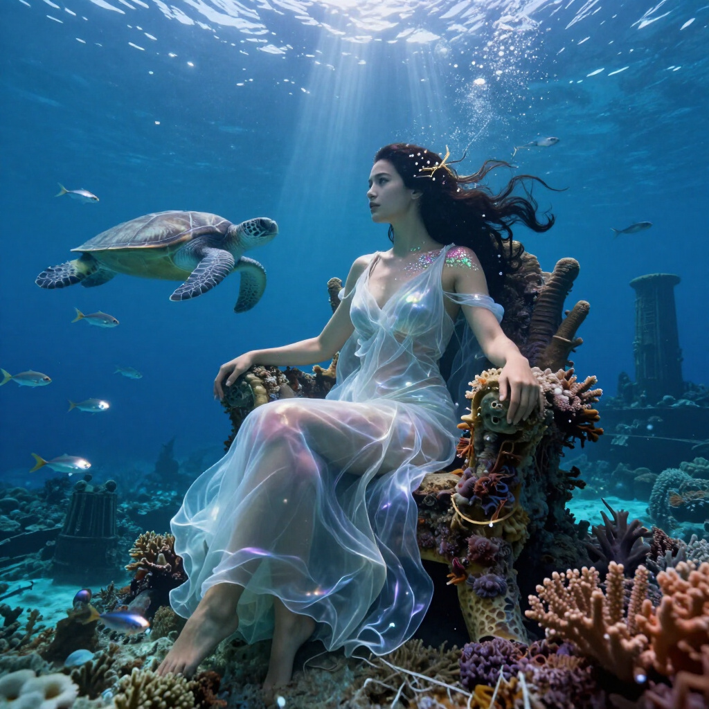 Ethereal sea queen sits on a bioluminescent coral throne — AI art by ...