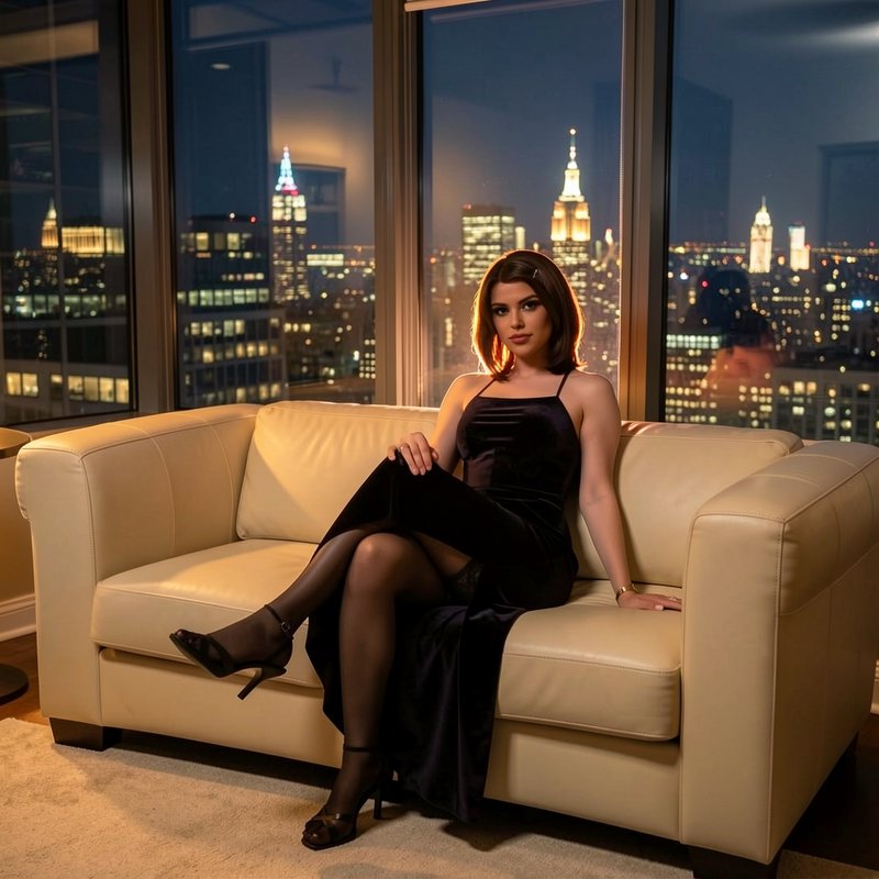 Woman in black evening gown lounging on a cream sofa with a city skyline at night.