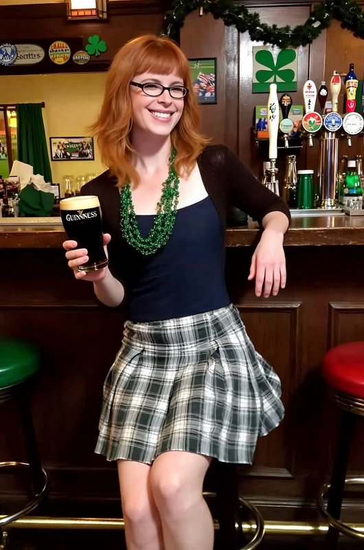 Woman with red hair and glasses at a bar, holding a Guinness pint, wearing a navy top, plaid skirt, and green bead necklace.