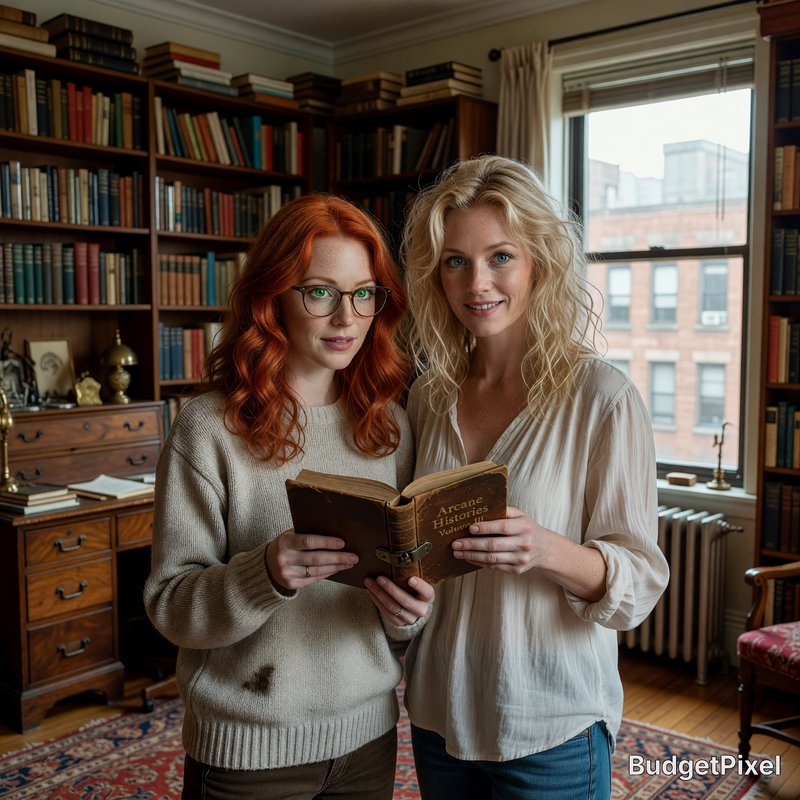 Two women in a cozy library reading a vintage book together, with tall bookshelves in the background.